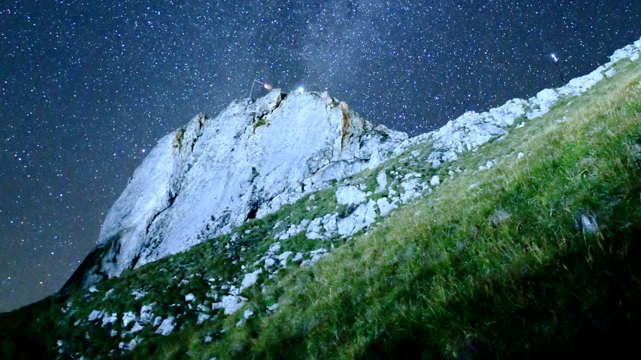 Wallpaper mountain, rock, slope, milky way, grass