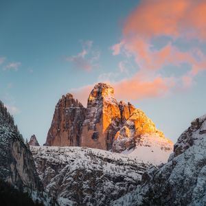 Preview wallpaper mountain, rock, snow, sunset, winter