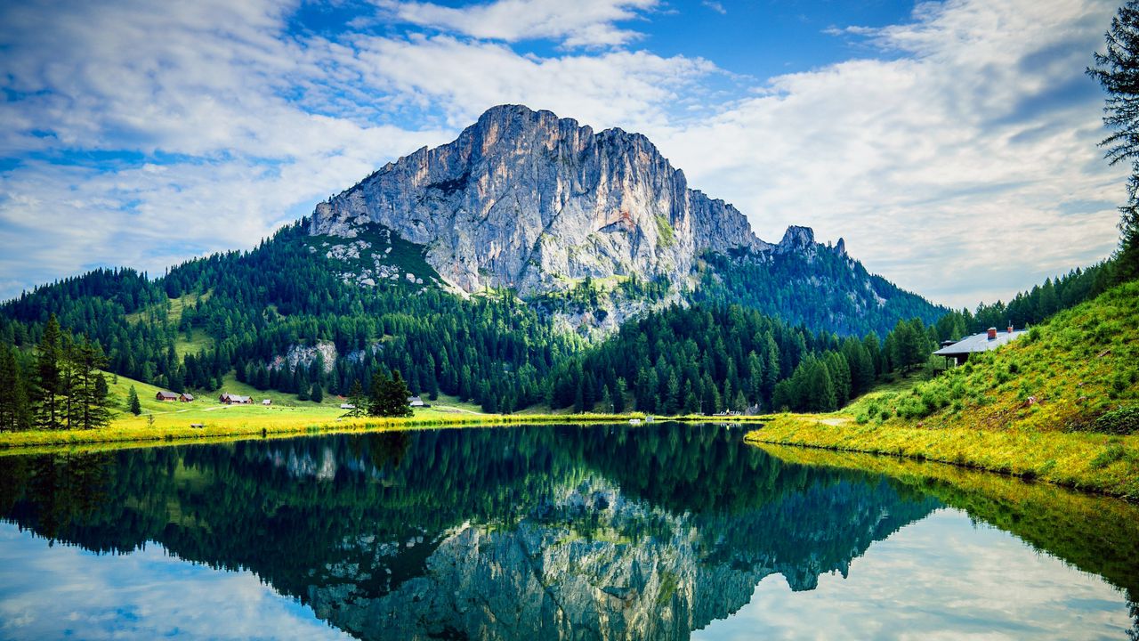 Wallpaper mountain, rock, trees, reflection, lake, landscape