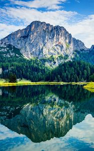Preview wallpaper mountain, rock, trees, reflection, lake, landscape