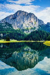 Preview wallpaper mountain, rock, trees, reflection, lake, landscape