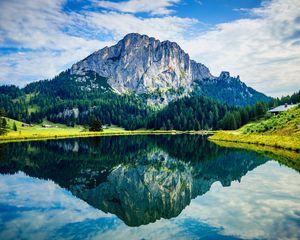 Preview wallpaper mountain, rock, trees, reflection, lake, landscape