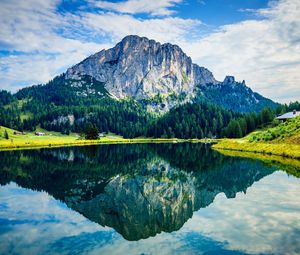 Preview wallpaper mountain, rock, trees, reflection, lake, landscape