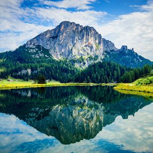 Preview wallpaper mountain, rock, trees, reflection, lake, landscape