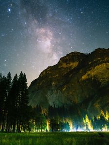 Preview wallpaper mountain, rock, trees, landscape, night
