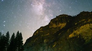 Preview wallpaper mountain, rock, trees, landscape, night