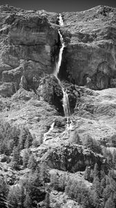 Preview wallpaper mountain, rock, waterfall, bw, landscape