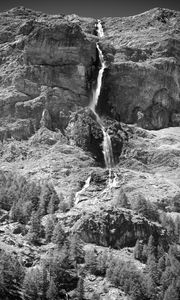 Preview wallpaper mountain, rock, waterfall, bw, landscape