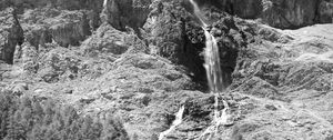 Preview wallpaper mountain, rock, waterfall, bw, landscape