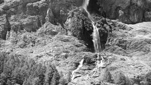 Preview wallpaper mountain, rock, waterfall, bw, landscape