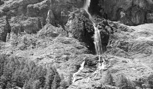 Preview wallpaper mountain, rock, waterfall, bw, landscape