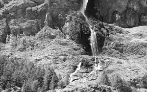 Preview wallpaper mountain, rock, waterfall, bw, landscape