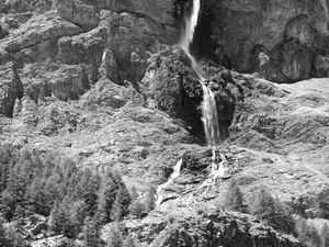 Preview wallpaper mountain, rock, waterfall, bw, landscape