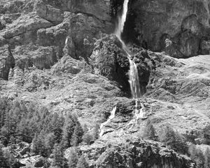 Preview wallpaper mountain, rock, waterfall, bw, landscape