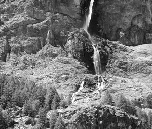 Preview wallpaper mountain, rock, waterfall, bw, landscape