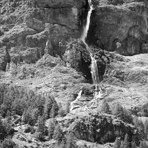 Preview wallpaper mountain, rock, waterfall, bw, landscape