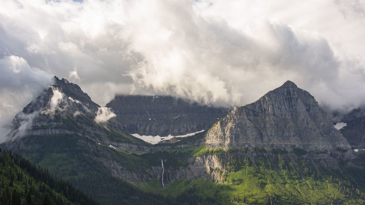 Wallpaper mountain, rocks, clouds, trees