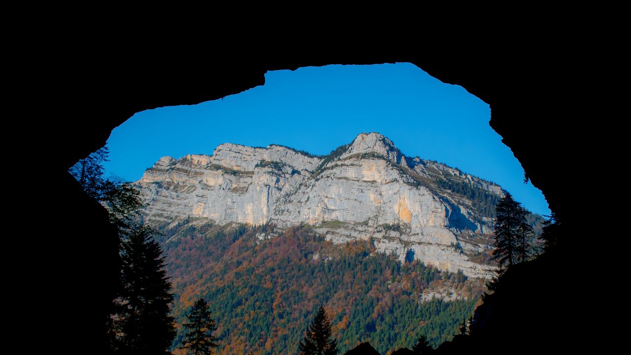 Wallpaper mountain, rocks, peak, cave, trees