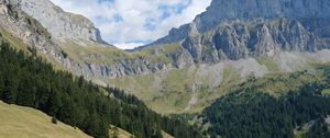 Preview wallpaper mountain, rocks, trees, slope, grass, nature