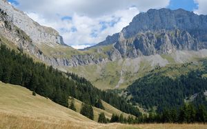 Preview wallpaper mountain, rocks, trees, slope, grass, nature