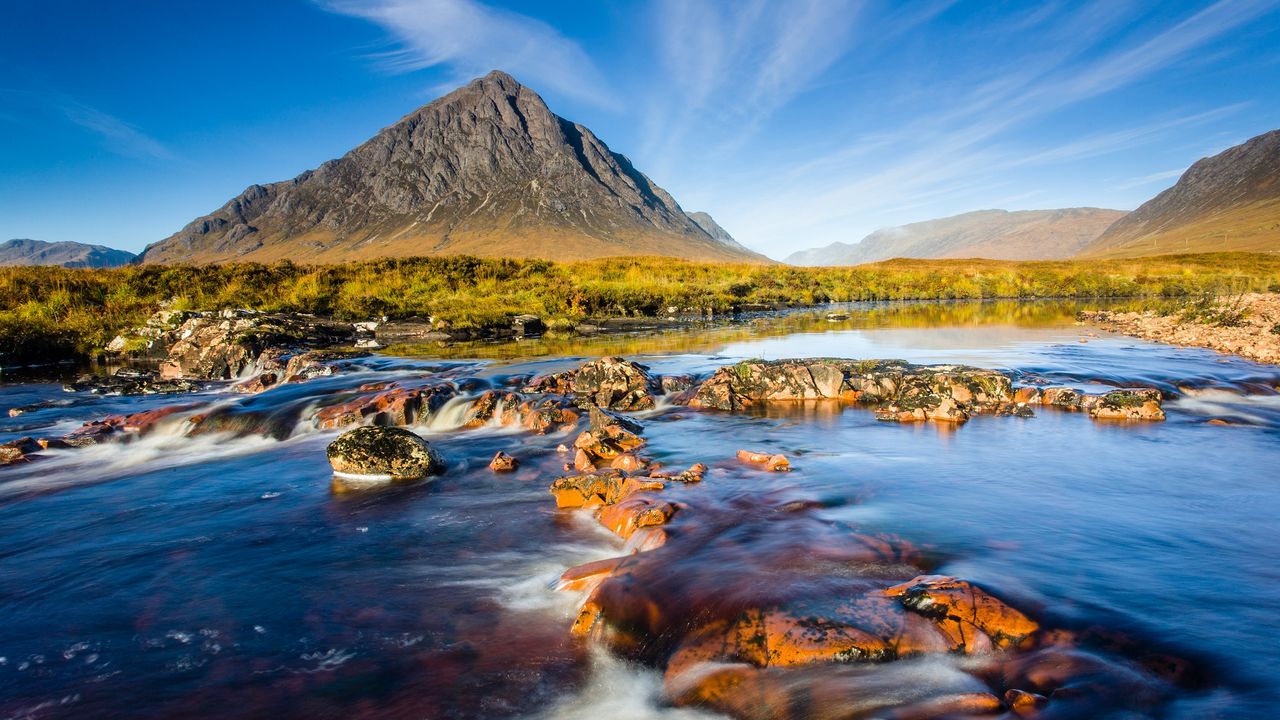 Wallpaper mountain, scotland, sky, river, stones, current