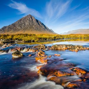 Preview wallpaper mountain, scotland, sky, river, stones, current