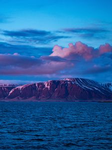 Preview wallpaper mountain, sea, clouds, purple, iceland