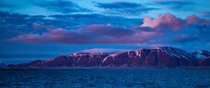 Preview wallpaper mountain, sea, clouds, purple, iceland
