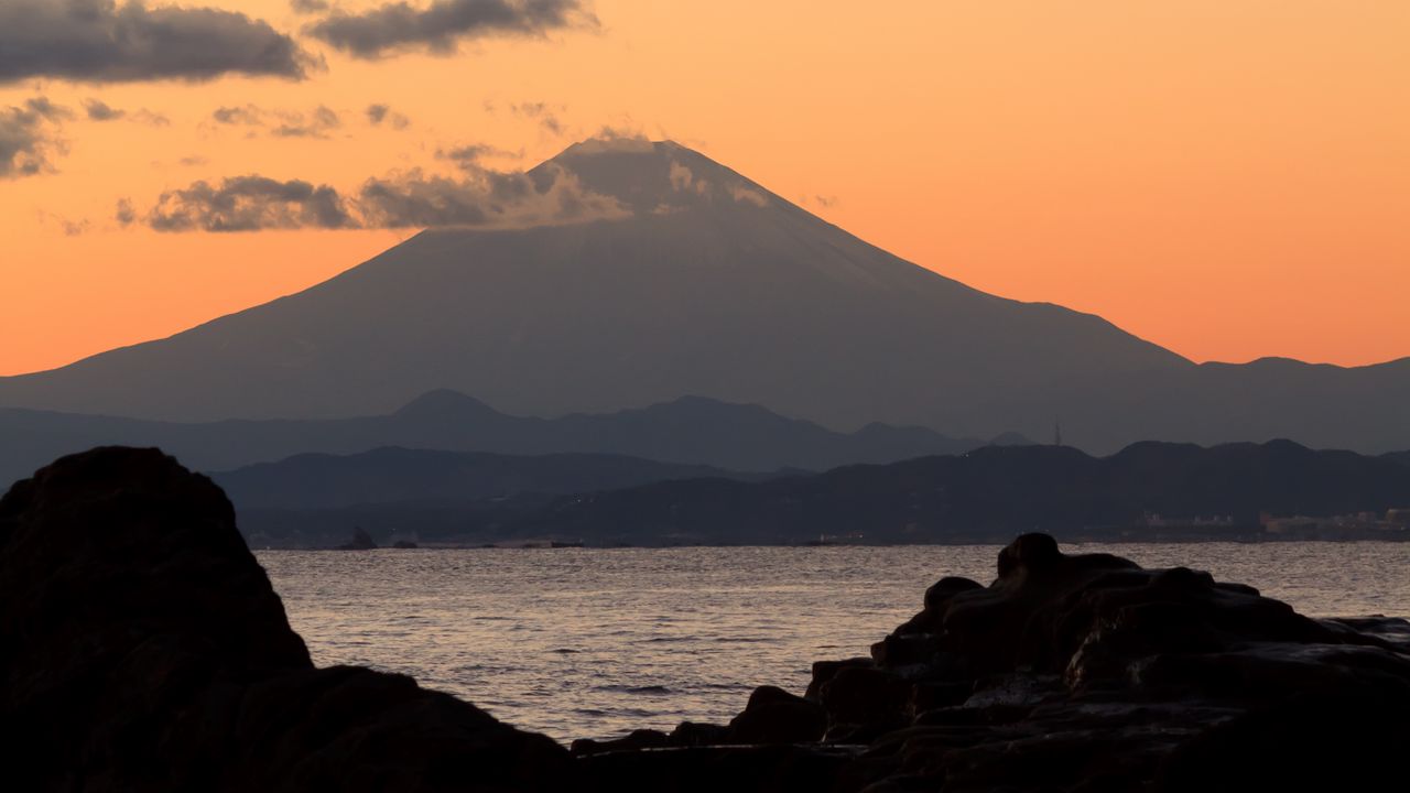 Wallpaper mountain, sea, stones, twilight, nature