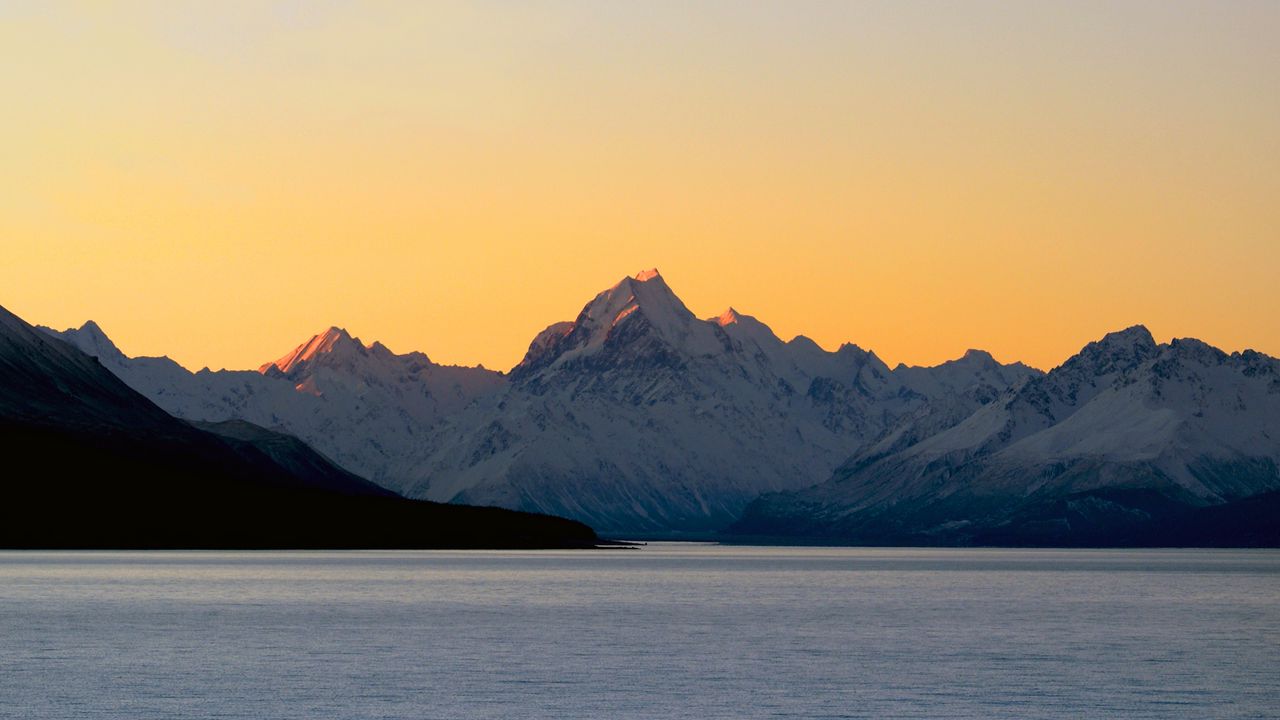 Wallpaper mountain, sea, sunset, dusk, landscape