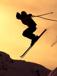 Preview wallpaper mountain skiing, jump, silhouette, extreme, snow