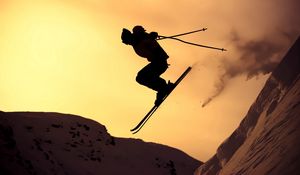 Preview wallpaper mountain skiing, jump, silhouette, extreme, snow