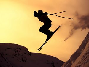 Preview wallpaper mountain skiing, jump, silhouette, extreme, snow