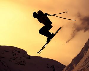 Preview wallpaper mountain skiing, jump, silhouette, extreme, snow