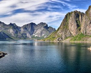 Preview wallpaper mountain, sky, lake, summer