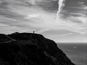 Preview wallpaper mountain, sky, sea, bw