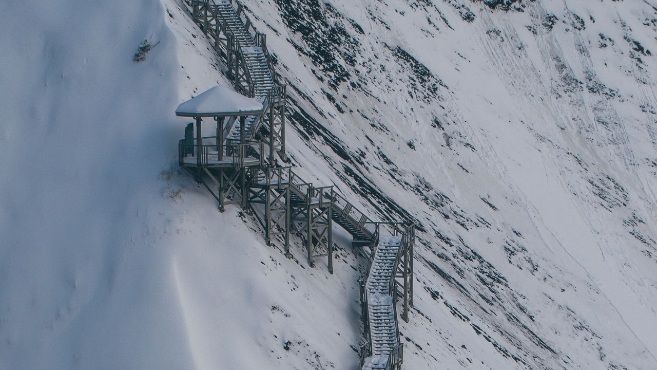 Wallpaper mountain, slope, buildings, snow, winter