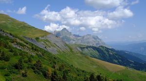 Preview wallpaper mountain, slope, bushes, trees, landscape, green