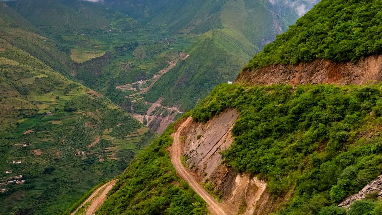 Wallpaper mountain, slope, road, aerial view, nature