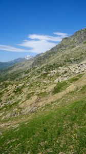 Preview wallpaper mountain, slope, stones, grass, nature, landscape