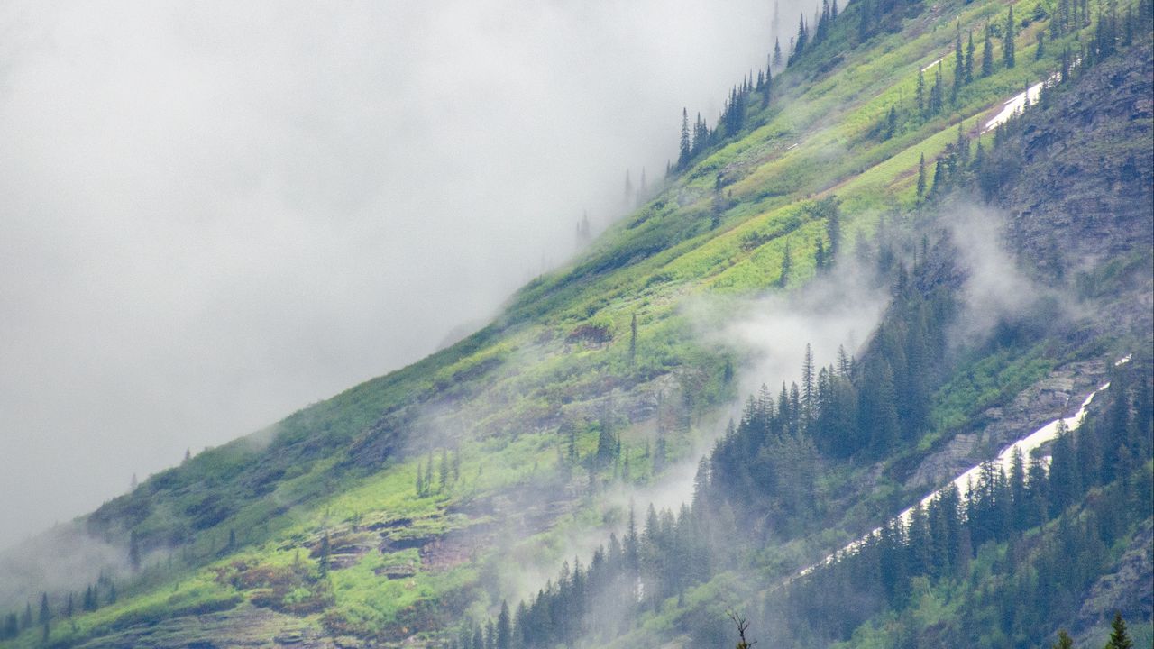 Wallpaper mountain, slope, trees, clouds, landscape, nature