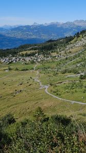 Preview wallpaper mountain, slope, valley, path, houses, landscape