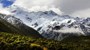 Preview wallpaper mountain, snow, clouds, trees, landscape