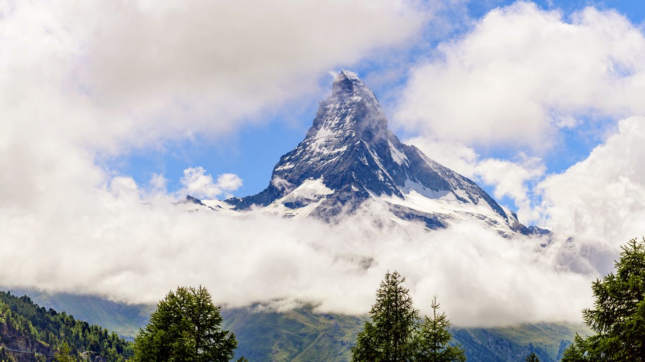 Wallpaper mountain, snow, clouds, trees