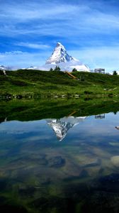 Preview wallpaper mountain, snow, coast, river, reflection, nature