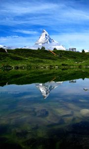 Preview wallpaper mountain, snow, coast, river, reflection, nature