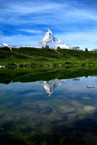 Preview wallpaper mountain, snow, coast, river, reflection, nature