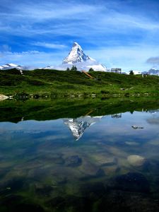 Preview wallpaper mountain, snow, coast, river, reflection, nature