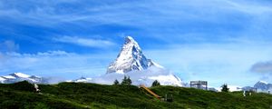 Preview wallpaper mountain, snow, coast, river, reflection, nature