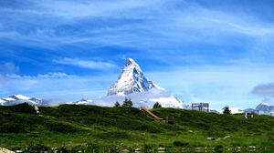 Preview wallpaper mountain, snow, coast, river, reflection, nature